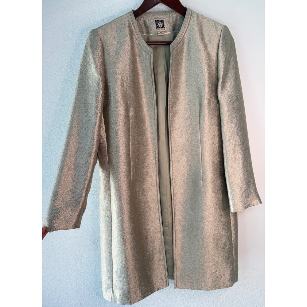 Anne Klein Metallic Gold Longline Blazer Jacket Textured Open Front Party 10P